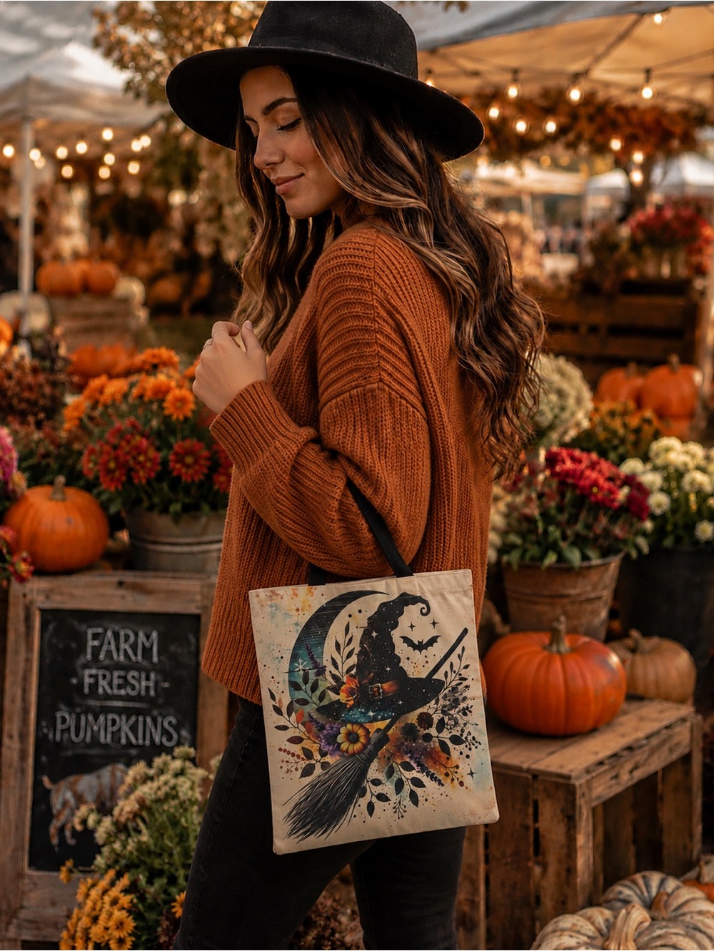 Witch Hat Broom Floral Canvas Tote Bag Halloween Cottagecore Fall